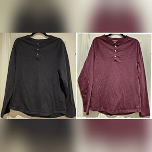 Amazon Essentials Sz L Bundle Of 2 Long Sleeve Henley Shirts Black & Maroon Mens